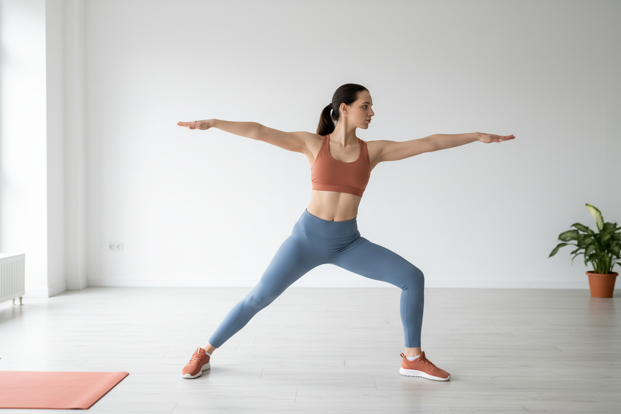 A person in a terracotta sports bra and dusty blue leggings demonstrates improved flexibility and range of motion while stret