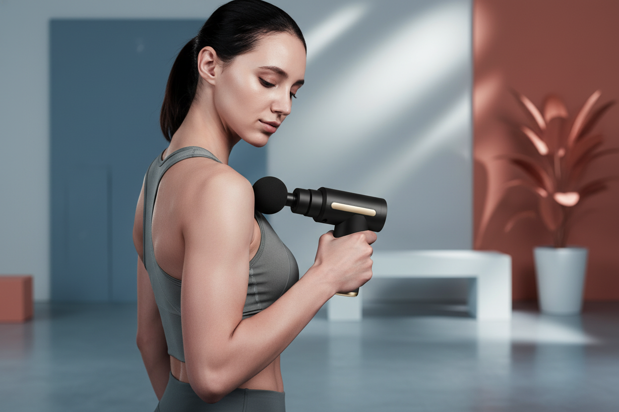 A diverse athlete uses a black mini percussion muscle massage gun on their shoulder in a modern gym setting.