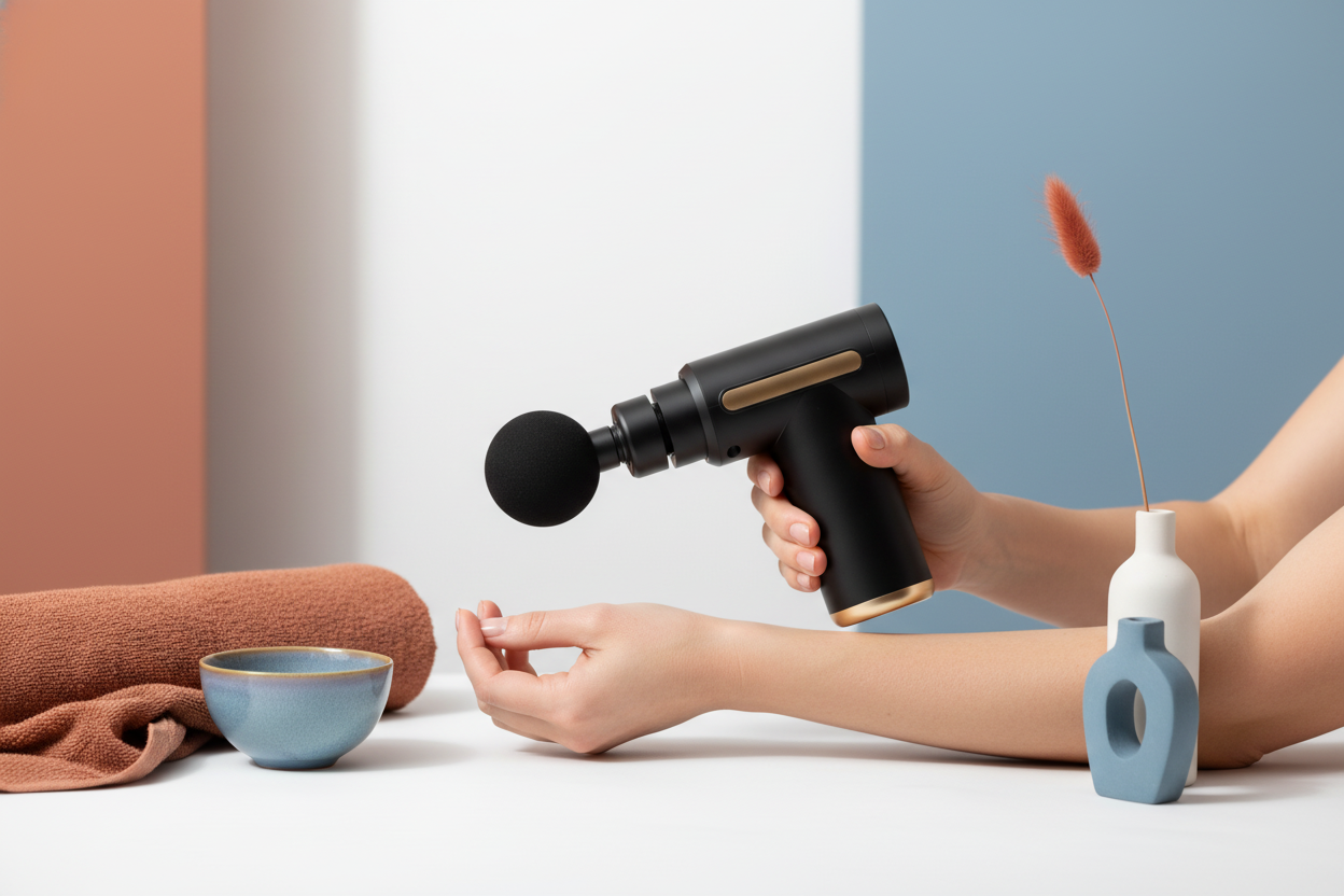 Mini Percussion Muscle Massage Gun on a bright white surface with terracotta and dusty blue accents in the background.